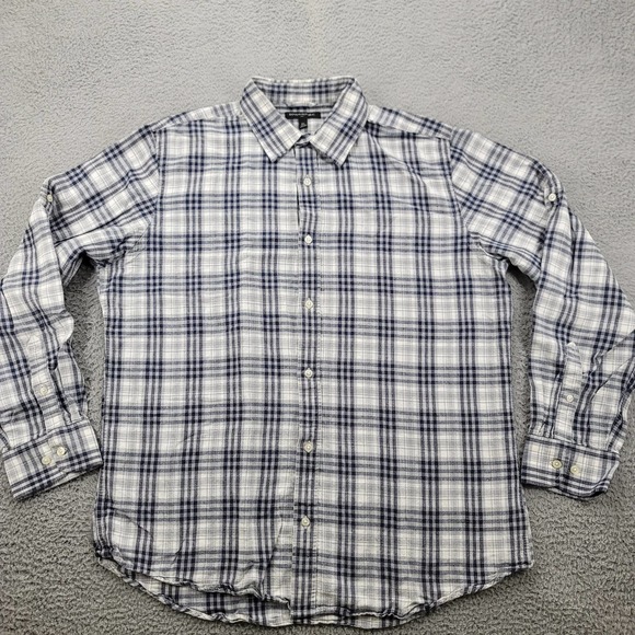 Banana Republic Shirt Mens XL White Blue Plaid‎ Linen Button Up Long Sleeve - Picture 1 of 16